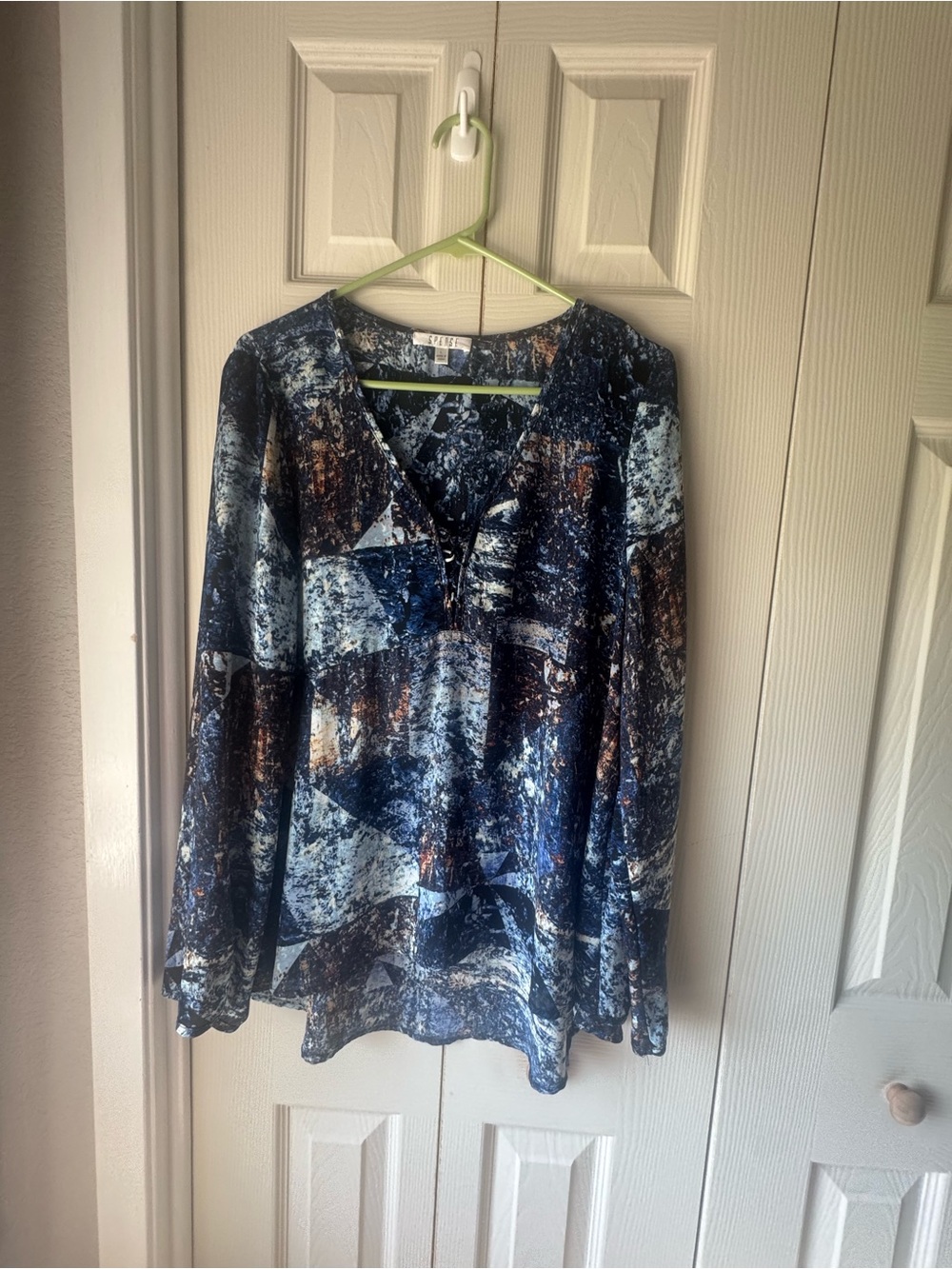 Spense Navy Blue Abstract V-Neck Long Sleeve Blouse